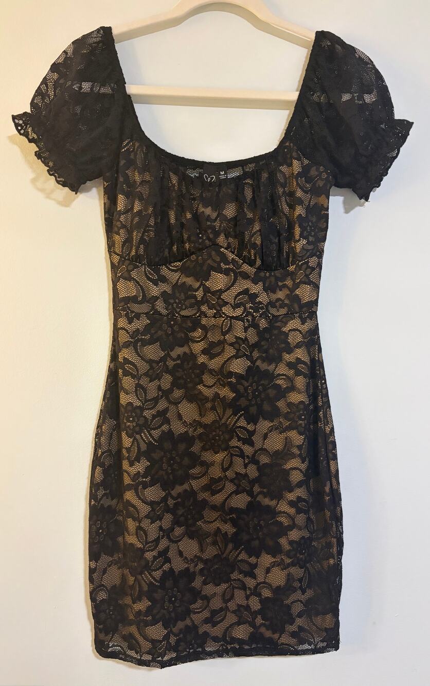 Windsor Black Floral Lace Nude Bodycon Mini Dress M Puff Sleeve Cocktail